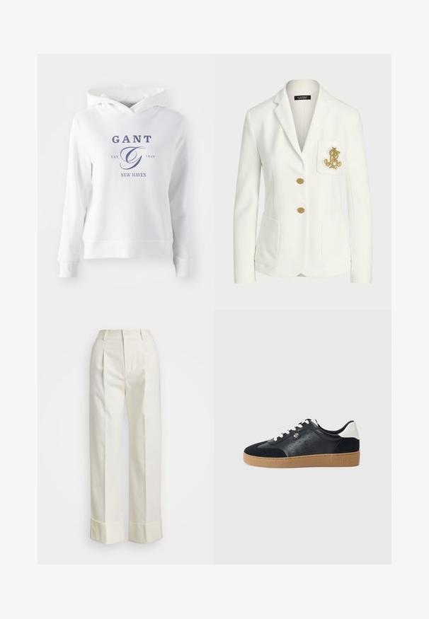 Blazer blanc en tissu texturé avec une coupe ajustée, doté de boutons dorés et d'un logo brodé doré décoratif sur la poche.; Haut à capuche blanc avec une poche kangourou à l'avant, comportant un texte bleu marine qui indique "GANT EST. 1949 NEW HAVEN" et un grand logo stylisé "G".; Pantalons blancs ajustés au taille haute, avec de doubles plis devant et des jambes larges à ourlets repliés. Fabriqués en un tissu lisse et texturé.; Baskets en cuir noir et suède avec une semelle en caoutchouc brun clair. Dotées de lacets blancs et de petites perforations sur les côtés. Logo Michael Kors présent.