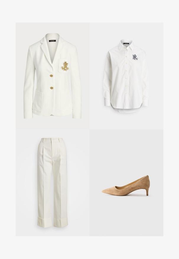 White blazer made of textured fabric with a tailored fit, featuring gold buttons and a decorative gold embroidered logo on the pocket.; White button-up shirt in cotton with long sleeves, pointed collar, and a navy logo embroidered on the left chest. Rounded hem at the bottom.; White tailored pants featuring a high waist, double front pleats, and wide legs with folded cuffs. Made from a smooth, textured fabric.; Beige suede pointed-toe pump with low kitten heel, side profile on white background.