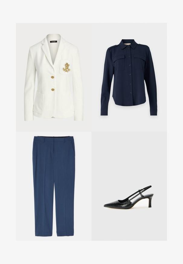 Blazer blanco hecho de tejido texturizado con un corte entallado, que presenta botones dorados y un logotipo bordado decorativo en oro en el bolsillo.; Camisa de botón azul marino hecha de una tela suave. Cuenta con dos bolsillos en el pecho, hombreras y mangas largas con puños abotonados.; Theory TREECA - Pantalones - ash blue; Tacón slingback negro de charol con punta afilada, que presenta un estampado de serpiente texturizado, correa ajustable y un tacón bloque corto y texturizado.