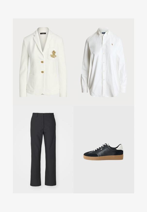 Balto žakete, kas izgatavota no teksturēta auduma ar pielāgotu piegriezumu, ir zeltainas pogas un dekoratīvs zelta izšūts logs uz kabatas.; Balta pogā vīriešu krekls ar klasisku apkakli, garām piedurknēm un diskrētu izšūtu logotipu uz krūtīm. Izgatavots no kvalitatīvas kokvilnas auduma.; adidas Golf UTIMATE365 TOUR TWISTKNIT PANTS - Auduma bikses - black; Melnas ādas un zamša kedas ar gaiši brūnu gumijas zoli. Iekļautas baltas šņorītes un mazi perforācijas sānos. Redzams Michael Kors logo.