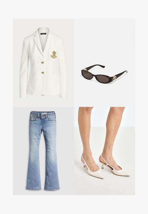 Hvid blazer lavet af tekstureret stof med en skræddersyet pasform, indeholdende guldknapper og et dekoreret guldbroderet logo på lommen.; Hvid skjorte med knapper lavet af glat bomuld med en klassisk krave, der har en lige søm og beige knapper langs forsiden.; Lyseblå vidde jeans lavet af denim. Har knaplukning, fem lommer og falmet tekstur med sømløse kanter.; Beige patenterede læder slingback hæle med spids tå og 5 cm hæl, med udskårne sider og en tynd ankelrem.; Skildpaddemønster solbriller med aflange ovale linser, brun farve, guldlogo accenter på stængerne og slanke sorte arme.