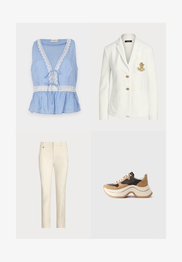 Blazer bianco realizzato in tessuto testurizzato con una vestibilità tailored, caratterizzato da bottoni dorati e un logo ricamato dorato decorativo sulla tasca.; Top senza maniche a righe blu con scollatura a V profonda, decorazione in pizzo lungo il colletto e l'orlo, con dettaglio annodato in vita e design a peplo.; Pantaloni su misura color crema con taglio dritto, caratterizzati da una texture liscia, tasche frontali e un sottile accento metallico sulla vita.; Sneaker con suola chunky in beige e marrone scuro con dettagli in suede, lacci bianchi e un piccolo charm dorato MK sul lato.