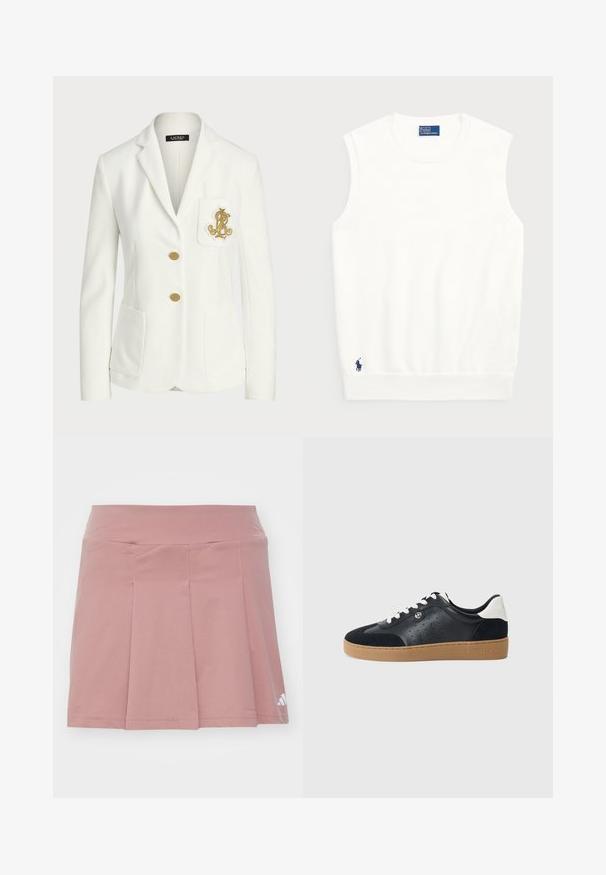 Balto žakete, kas izgatavota no teksturēta auduma ar pielāgotu piegriezumu, ir zeltainas pogas un dekoratīvs zelta izšūts logs uz kabatas.; Balts bezpaliktņa džemperis, izgatavots no gludas kokvilnas, ar ribotu apmalīti un mazu tumši zilu logotipu apakšējā kreisajā stūrī. Vienkārša dizaina, bez rakstiem.; Rozā sporta svārki ar pieguļošu jostu un pleitu dizainu. Izgatavoti no viegla auduma, ar logotipa detaļu apakšējā stūrī.; Melnas ādas un zamša kedas ar gaiši brūnu gumijas zoli. Iekļautas baltas šņorītes un mazi perforācijas sānos. Redzams Michael Kors logo.