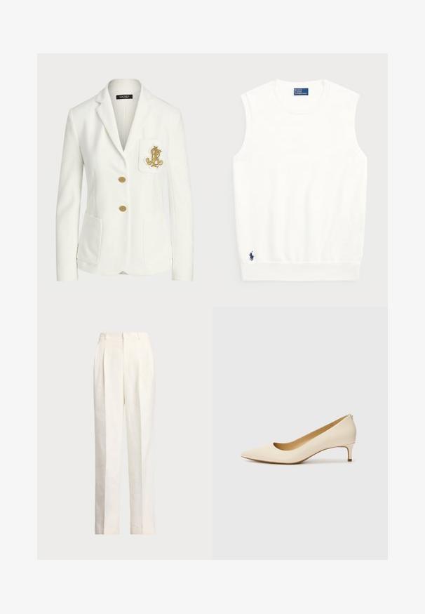 Blazer blanc en tissu texturé avec une coupe ajustée, doté de boutons dorés et d'un logo brodé doré décoratif sur la poche.; Pull sans manches blanc en coton lisse, avec un ourlet côtelé et un petit logo bleu marine en bas à gauche. Design simple, sans motifs.; Polo Ralph Lauren HEMP WIDE LEG PANT - Pantalon classique - nevis; Escarpin beige à bout pointu en matériau synthétique lisse, caractérisé par un petit talon et un design à enfiler avec un détail arrière subtil.