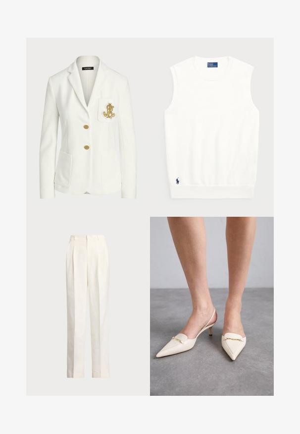 Weißer Blazer aus strukturiertem Stoff mit taillierter Passform, ausgestattet mit goldenen Knöpfen und einem dekorativen, goldenen, aufgestickten Logo auf der Tasche.; Weißer ärmelloser Pullover aus glattem Baumwollmaterial, mit einem gerippten Saum und einem kleinen marineblauen Logo unten links. Einfaches Design, keine Muster.; Polo Ralph Lauren HEMP WIDE LEG PANT - Stoffhose - nevis; Cremefarbene Slingback-High Heels mit spitzer Zehenpartie und schlankem mittelhohem Absatz, ausgestattet mit einem goldenen Kettenakzent auf dem Vorderblatt und aus glattem Leder.