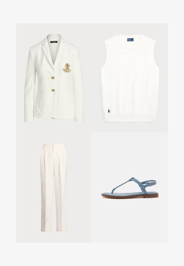 Blazer branco feito de tecido texturizado com um corte ajustado, apresentando botões dourados e um logotipo decorativo bordado a ouro no bolso.; Sweater branco sem mangas, feito de algodão liso, com uma bainha canelada e um pequeno logotipo em navy na parte inferior esquerda. Design simples, sem padrões.; Polo Ralph Lauren HEMP WIDE LEG PANT - Calças - nevis; Sandália de dedo em couro azul com sola plana, apresentando um design de tiras finas e fecho com fivela no tornozelo para um ajuste seguro.