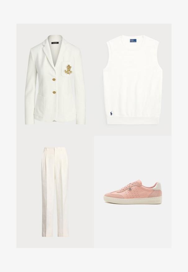 Blazer alb dintr-un material texturat, cu o croială ajustată, având nasturi aurii și un logo brodat decorativ de culoare aurie pe buzunar.; Pulover alb fără mâneci, realizat din bumbac moale, cu un tiv crenelat și un mic logo bleumarin în colțul din stânga jos. Design simplu, fără modele.; Polo Ralph Lauren HEMP WIDE LEG PANT - Pantaloni - nevis; Adidas roz din suede, cu un finisaj neted, accente perforate, talpă de culoare crem și un detaliu mic cu logo. Design tradițional cu șireturi.