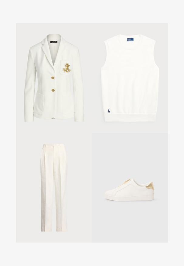 White blazer made of textured fabric with a tailored fit, featuring gold buttons and a decorative gold embroidered logo on the pocket.; White sleeveless sweater made of smooth cotton, featuring a ribbed hem and a small navy logo on the bottom left. Simple design, no patterns.; Polo Ralph Lauren HEMP WIDE LEG PANT - Trousers - nevis; White slip-on sneakers made of smooth leather, featuring a gold zipper and accent near the heel with a textured finish and logo embossed on the side.