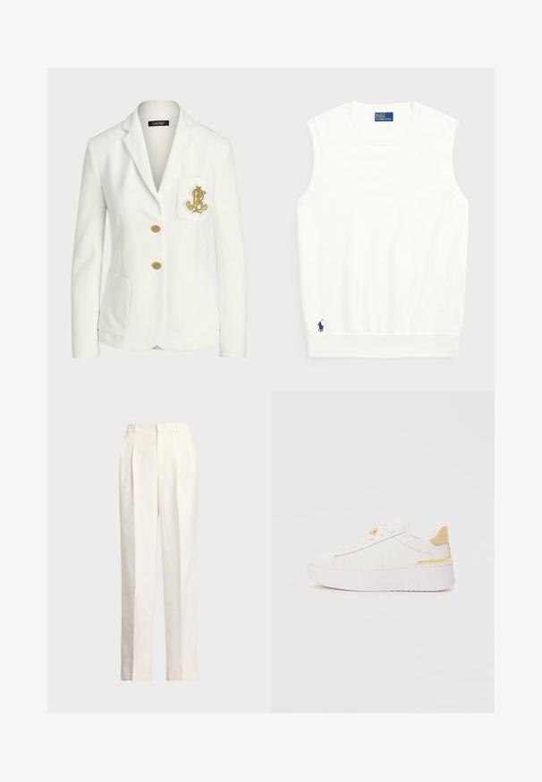 White blazer made of textured fabric with a tailored fit, featuring gold buttons and a decorative gold embroidered logo on the pocket.; White sleeveless sweater made of smooth cotton, featuring a ribbed hem and a small navy logo on the bottom left. Simple design, no patterns.; Polo Ralph Lauren HEMP WIDE LEG PANT - Trousers - nevis; White sneaker with a smooth leather upper, contrasting yellow heel tab, thick white platform sole, and minimalistic lace-up design.