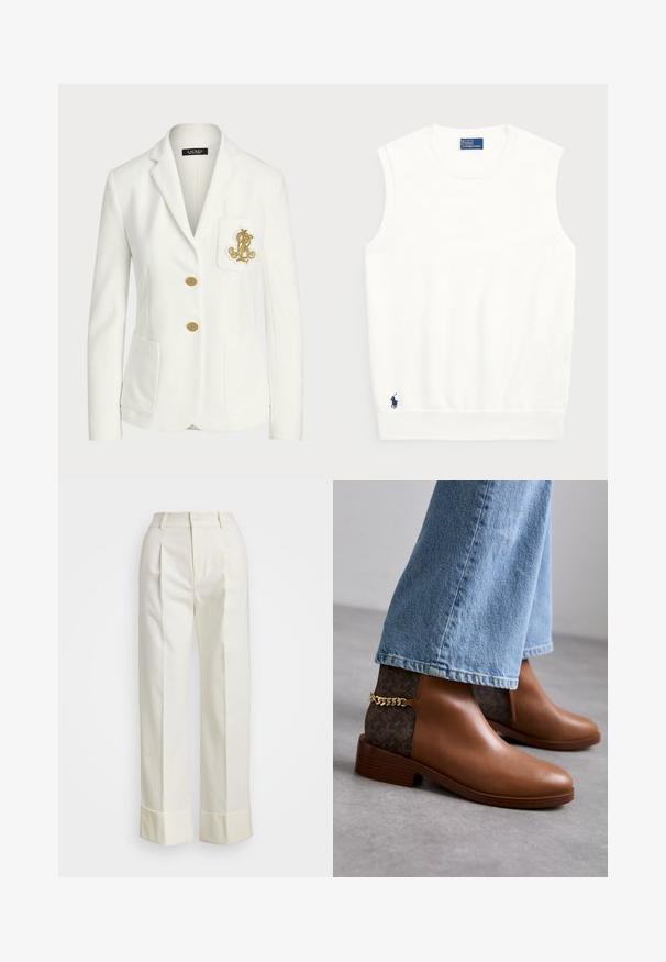 Valkoinen bleiseri, joka on valmistettu teksturoidusta kankaasta ja siinä on muotoiltu istuvuus, kultaiset napit ja koristeellinen kultainen brodeerattu logo taskussa.; Valkoinen hihaton villapaita, joka on valmistettu sileästä puuvillasta. Siinä on ribattu helma ja pieni tummansininen logo vasemmassa alakulmassa. Yksinkertainen muotoilu, ei kuvioita.; Valkoiset mittatilauspohjaiset housut, joissa on korkea vyötärö, kaksinkertaiset etukourut ja leveät lahkeet, joissa on käänteet. Valmistettu sileästä, teksturoidusta kankaasta.; Ruske nahkasaappaat, joissa on sileä pinta, tummanruskea kuvioitu sivupaneeli ja kultaketju korostus kantapäässä.