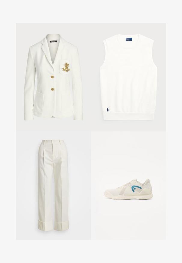 Baltas švarkas, pagamintas iš tekstūruoto audinio, su pritaikytu siluetu, turintis auksines sagas ir dekoratyvinį auksinį siuvinėtą logotipą ant kišenės.; Balta be rankovių liemenė, pagaminta iš lygios medvilnės, su raukštu apvadu ir mažuoju tamsiai mėlynu logotipu apatiniame kairiajame kampe. Paprastas dizainas, be raštų.; Baltos pritaikytos kelnės su aukštu liemeniu, dvigubomis priekinėmis raukšlėmis ir plačiomis kojomis su sulenktais kraštais. Pagamintos iš glotnaus, tekstūruoto audinio.; Lengvas sportinis batelis ofortuota balta spalva su tekstūruotu tinkliniu paviršiumi, mėlyna akcentinė logotipas ir guminis padas su sukibimo raštais.
