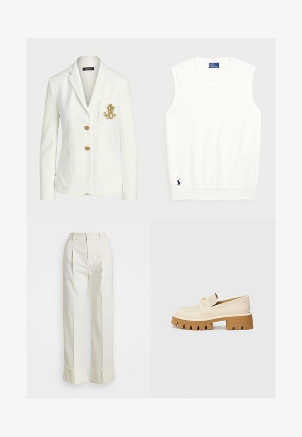 Blazer blanc en tissu texturé avec une coupe ajustée, doté de boutons dorés et d'un logo brodé doré décoratif sur la poche.; Pull sans manches blanc en coton lisse, avec un ourlet côtelé et un petit logo bleu marine en bas à gauche. Design simple, sans motifs.; Pantalons blancs ajustés au taille haute, avec de doubles plis devant et des jambes larges à ourlets repliés. Fabriqués en un tissu lisse et texturé.; Mocassins beiges avec une sangle texturée crème, dotés d'une semelle brune épaisse avec des motifs en forme de dents. Accent doré sur le détail de la boucle.