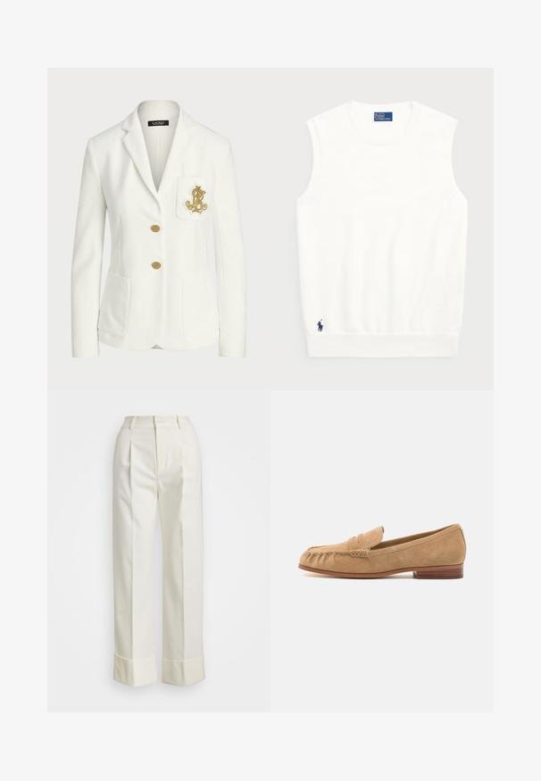 Blazer bianco realizzato in tessuto testurizzato con una vestibilità tailored, caratterizzato da bottoni dorati e un logo ricamato dorato decorativo sulla tasca.; Maglione bianco senza maniche realizzato in cotone liscio, con orlo a coste e un piccolo logo blu navy in basso a sinistra. Design semplice, senza motivi.; Pantaloni bianchi su misura con vita alta, doppie pieghe frontali e gamba larga con risvolti. Realizzati in un tessuto liscio e strutturato.; Mocassini in suede beige chiaro con punta arrotondata, fascia frontale decorativa e tacco in legno basso. Texture liscia e dettagli di cucitura minimi.