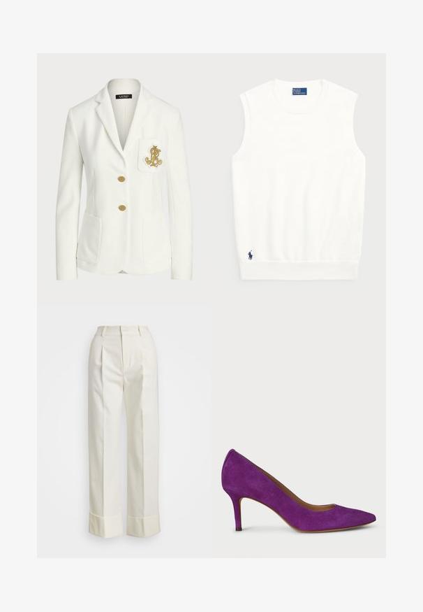 White blazer made of textured fabric with a tailored fit, featuring gold buttons and a decorative gold embroidered logo on the pocket.; White sleeveless sweater made of smooth cotton, featuring a ribbed hem and a small navy logo on the bottom left. Simple design, no patterns.; White tailored pants featuring a high waist, double front pleats, and wide legs with folded cuffs. Made from a smooth, textured fabric.; Purple suede high-heeled shoe with a pointed toe, sleek design, and approximately 3-inch heel. Smooth interior and minimal detailing.