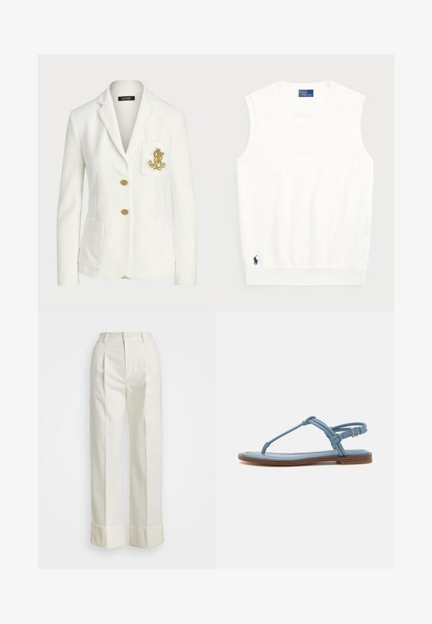 Fehér blézer textúrált anyagból, testre szabott szabással, arany gombokkal és díszes arany hímzett logóval a zseben.; Fehér ujjatlan pulóver sima pamutból, bordás szegéllyel és kis sötétkék logóval a bal alsó részen. Egyszerű dizájn, minta nélkül.; Fehér, szabott nadrág magas derékkal, dupla elülső redőkkel és széles lábakkal, hajtogatott szegésekkel. Simító, textúrált anyagból készült.; Kék bőr pántos szandál lapos talppal, vékony pánt dizájnnal és csatos záródással a bokán a biztos illeszkedés érdekében.
