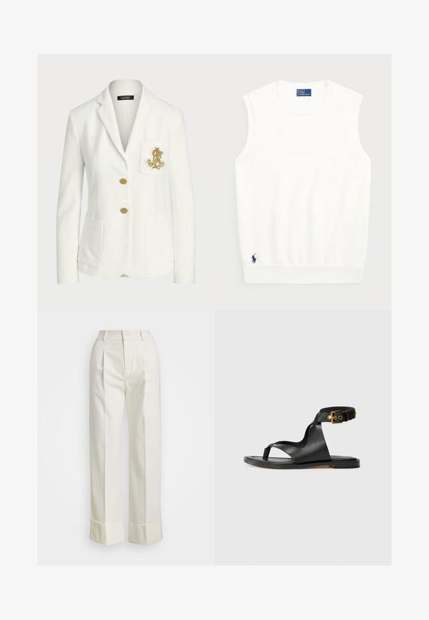 Hvit blazer laget av teksturert stoff med en tilpasset passform, som har gullknapper og en dekorativ gullbrodert logo på lommen.; Hvit ermeløs genser laget av glatt bomull, med ribbestrikket kant og en liten marineblå logo nederst til venstre. Enkelt design, ingen mønstre.; Hvite skreddersydde bukser med høy midje, doble frontfold, og vide ben med brettede mansjetter. Laget av et glatt, teksturert stoff.; Svarte lær sandaler med et stilrent design, åpen tå og justerbar ankelreim med detaljer i gulltone. Flat såle.
