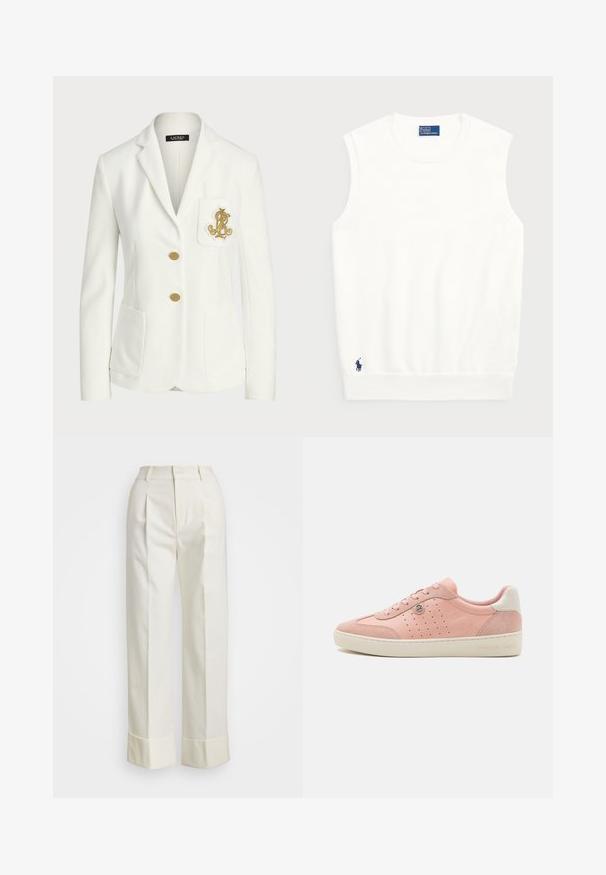 Hvit blazer laget av teksturert stoff med en tilpasset passform, som har gullknapper og en dekorativ gullbrodert logo på lommen.; Hvit ermeløs genser laget av glatt bomull, med ribbestrikket kant og en liten marineblå logo nederst til venstre. Enkelt design, ingen mønstre.; Hvite skreddersydde bukser med høy midje, doble frontfold, og vide ben med brettede mansjetter. Laget av et glatt, teksturert stoff.; Rosa fløyels sneakers med en glatt finish, perforerte detaljer, kremfarget såle og en liten logodetalj. Tradisjonell snøring.