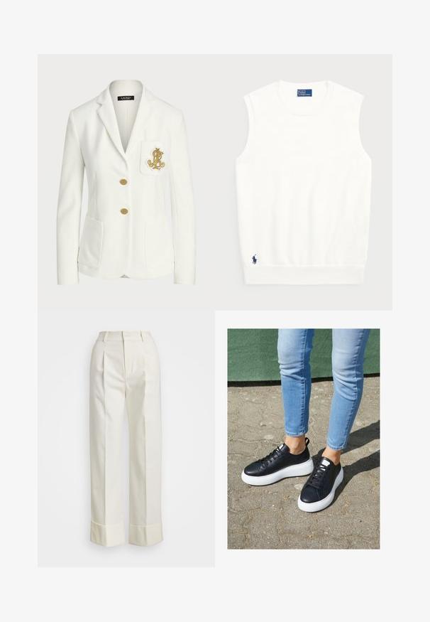 Valkoinen bleiseri, joka on valmistettu teksturoidusta kankaasta ja siinä on muotoiltu istuvuus, kultaiset napit ja koristeellinen kultainen brodeerattu logo taskussa.; Valkoinen hihaton villapaita, joka on valmistettu sileästä puuvillasta. Siinä on ribattu helma ja pieni tummansininen logo vasemmassa alakulmassa. Yksinkertainen muotoilu, ei kuvioita.; Valkoiset mittatilauspohjaiset housut, joissa on korkea vyötärö, kaksinkertaiset etukourut ja leveät lahkeet, joissa on käänteet. Valmistettu sileästä, teksturoidusta kankaasta.; Mustat nahkakengät valkoisilla kumipohjilla, joissa on sileä pinta, pyöreä kärki ja litteät nauhat. Yhdistetty vaaleansinisiin farkkuihin.