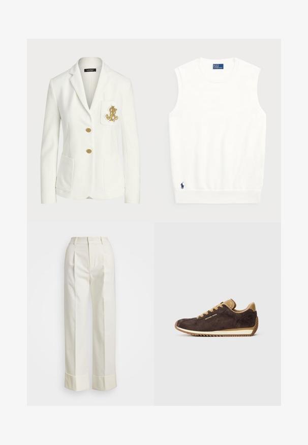 Valge bleiser, mis on valmistatud tekstuursedest kangast, omades õiget istuvust, kuldsete nööpide ja dekoratiivse kuldse tikitud logoga taskul.; Valge ilma varrukateta kootud sviiter, mis on valmistatud siledast puuvillast, ribitud äärtega ja väikese tumesinise logoga alumises vasakus nurgas. Lihtne disain, ilma mustriteta.; Valged kohandatud püksid, millel on kõrge talje, topeltesine voldid ja laiad sääred volditud äärtega. Valmistatud siledast, tekstureeritud kangast.; Pruunist naha spordijalatsid, millel on heledast nahast aktsendid, ümmargused märgid, beež kummist tald ja "Michael Kors" logo välisküljel.