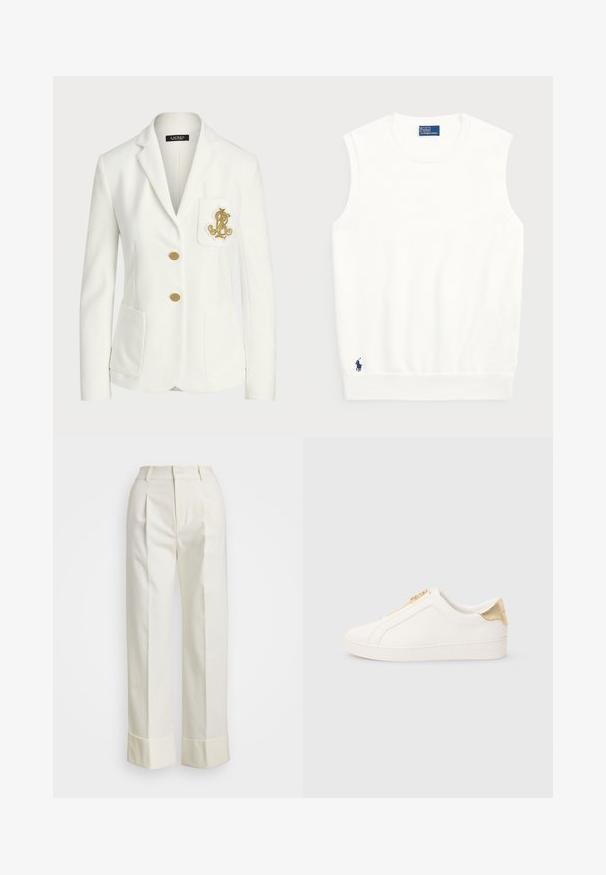 Blazer blanc en tissu texturé avec une coupe ajustée, doté de boutons dorés et d'un logo brodé doré décoratif sur la poche.; Pull sans manches blanc en coton lisse, avec un ourlet côtelé et un petit logo bleu marine en bas à gauche. Design simple, sans motifs.; Pantalons blancs ajustés au taille haute, avec de doubles plis devant et des jambes larges à ourlets repliés. Fabriqués en un tissu lisse et texturé.; Baskets blanches à enfiler en cuir lisse, avec une fermeture éclair dorée et un accent près du talon avec une finition texturée et un logo embossé sur le côté.