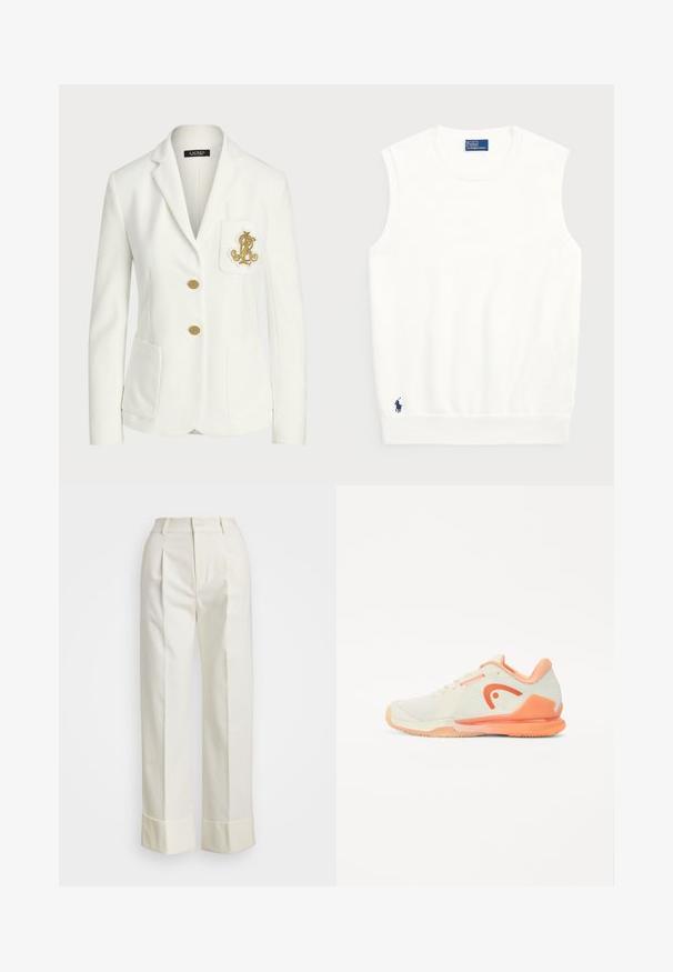 White blazer made of textured fabric with a tailored fit, featuring gold buttons and a decorative gold embroidered logo on the pocket.; White sleeveless sweater made of smooth cotton, featuring a ribbed hem and a small navy logo on the bottom left. Simple design, no patterns.; White tailored pants featuring a high waist, double front pleats, and wide legs with folded cuffs. Made from a smooth, textured fabric.; Tennis shoe in light cream with textured mesh upper, peach accents, and distinctive logo. Features a flexible rubber sole for grip.