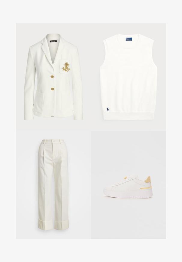 White blazer made of textured fabric with a tailored fit, featuring gold buttons and a decorative gold embroidered logo on the pocket.; White sleeveless sweater made of smooth cotton, featuring a ribbed hem and a small navy logo on the bottom left. Simple design, no patterns.; White tailored pants featuring a high waist, double front pleats, and wide legs with folded cuffs. Made from a smooth, textured fabric.; White sneaker with a smooth leather upper, contrasting yellow heel tab, thick white platform sole, and minimalistic lace-up design.