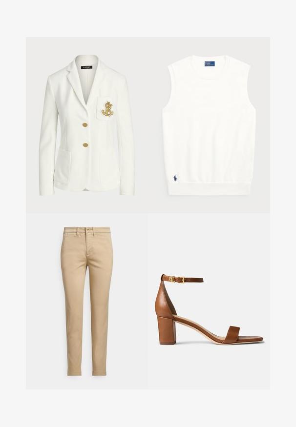 Hvit blazer laget av teksturert stoff med en tilpasset passform, som har gullknapper og en dekorativ gullbrodert logo på lommen.; Hvit ermeløs genser laget av glatt bomull, med ribbestrikket kant og en liten marineblå logo nederst til venstre. Enkelt design, ingen mønstre.; Beige bomullschinos med rett passform, som har knappestenging, frontlommer og sømmer med sydd detaljering.; Lauren Ralph Lauren LOGAN BURNISHED LEATHER SANDAL - Sandaler - deep saddle tan