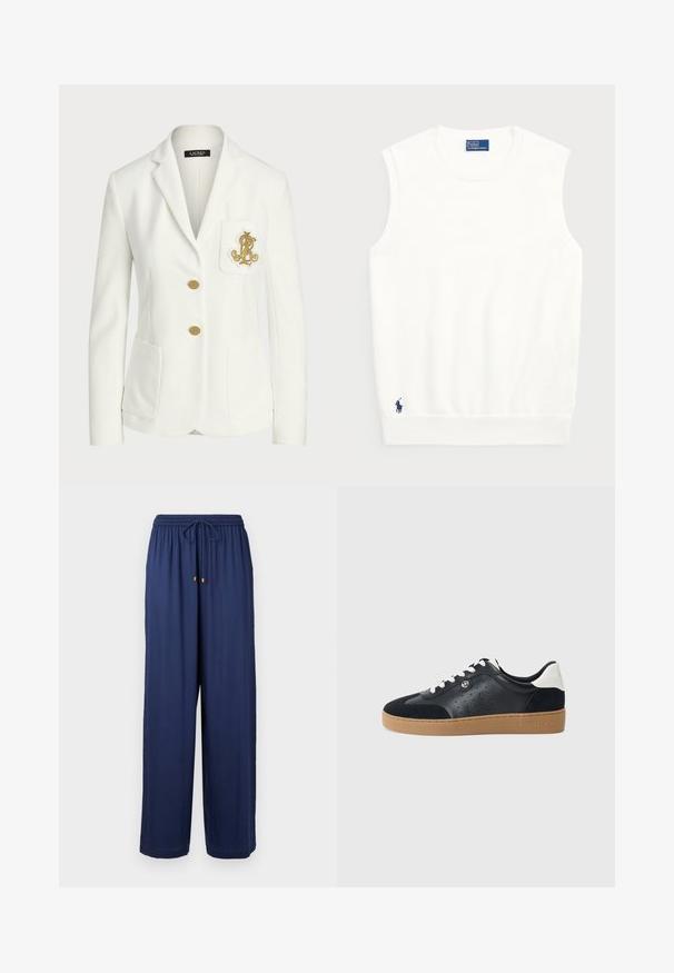 Balto žakete, kas izgatavota no teksturēta auduma ar pielāgotu piegriezumu, ir zeltainas pogas un dekoratīvs zelta izšūts logs uz kabatas.; Balts bezpaliktņa džemperis, izgatavots no gludas kokvilnas, ar ribotu apmalīti un mazu tumši zilu logotipu apakšējā kreisajā stūrī. Vienkārša dizaina, bez rakstiem.; Tumši zili platā kāja bikses ar elastīgu jostu un auklu, ar zeltaini metāla akcentiem uz auklas galiem. Maiga auduma faktūra.; Melnas ādas un zamša kedas ar gaiši brūnu gumijas zoli. Iekļautas baltas šņorītes un mazi perforācijas sānos. Redzams Michael Kors logo.