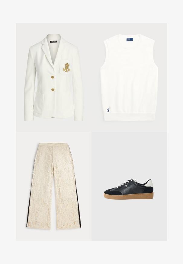 Vit kavaj av textil med strukturerad yta och skräddarsydd passform, med guldknappar och en dekorativt guldbroderad logo på fickan.; Vit ärmlös sweater gjord av mjuk bomull, med en ribbad nederkant och en liten marinblå logga på nedersta vänstra delen. Enkelt design, utan mönster.; Vida byxor av texturerad krämfärgad spets med paljettaccenter och svarta sidopaneler. Har en resår i midjan för komfort.; Svart läder- och mockaskor med en ljusbrun gummisula. Har vita snören och små perforeringar på sidorna. Michael Kors-logotypen är närvarande.