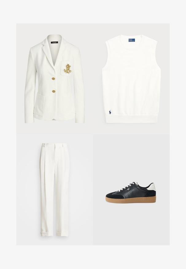 Bílý blazer vyrobený z texturované látky s přizpůsobeným střihem, s kapsičkovými zlatými knoflíky a dekorativním zlatě vyšitým logem na kapse.; Bílé bezrukávové svetr vyrobený z hladké bavlny, s ribbovaným lemem a malým námořnickým logem ve spodním levém rohu. Jednoduchý design, bez vzorů.; Bílé upravené kalhoty s dvěma předními sklady, rovného střihu a s přehnutými lemy. Vyrobené z hladké látky, s klasickým designem.; Černé kožené a semišové tenisky s světle hnědou gumovou podrážkou. Obsahují bílé tkaničky a malé perforace po stranách. Přítomné logo Michael Kors.