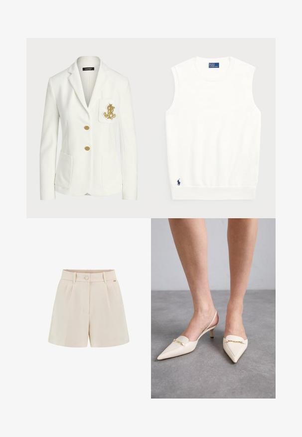 White blazer made of textured fabric with a tailored fit, featuring gold buttons and a decorative gold embroidered logo on the pocket.; White sleeveless sweater made of smooth cotton, featuring a ribbed hem and a small navy logo on the bottom left. Simple design, no patterns.; Beige tailored shorts with pleats, a front button fastening, and side pockets. Made from smooth fabric with a clean finish and subtle brand detail.; Cream-colored, pointed-toe slingback heels with a slim mid-heel, featuring a gold chain accent on the vamp and smooth leather texture.