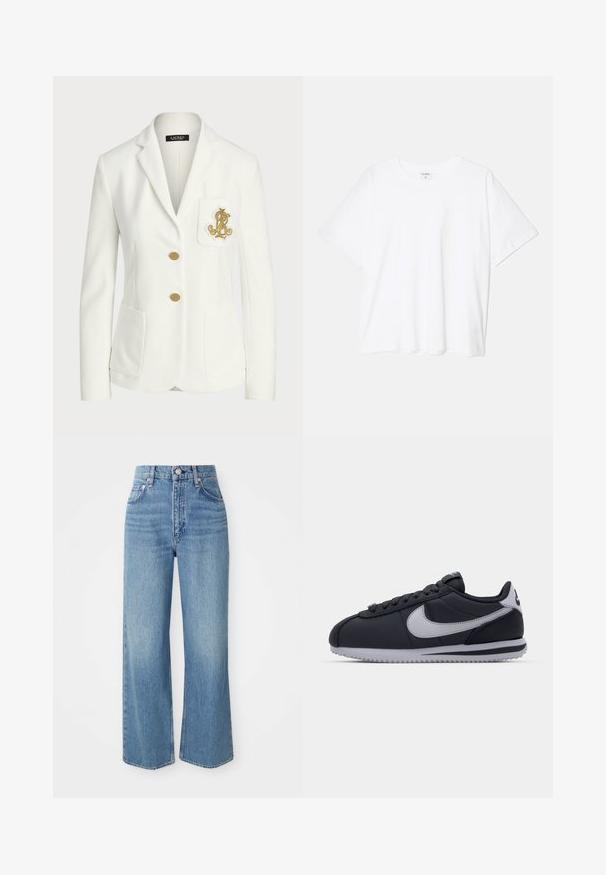 Blazer blanc en tissu texturé avec une coupe ajustée, doté de boutons dorés et d'un logo brodé doré décoratif sur la poche.; T-shirt en coton blanc avec des manches courtes, un col rond, une coupe décontractée et un ourlet cousu. Étiquette visible à l'intérieur du col.; Jeans en denim bleu clair à taille haute, jambes larges et ourlet brut. Présente un design traditionnel à cinq poches et une fermeture à bouton argenté.; Chaussure de sport noire avec des accents gris, dessus synthétique lisse, semelle texturée, bout arrondi et lacets plats. Design classique avec un détail de logo.