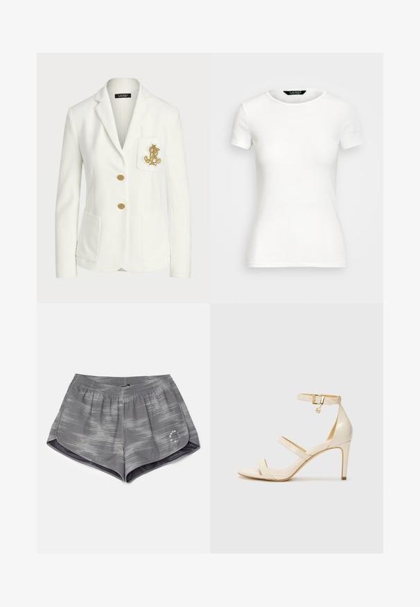 White blazer made of textured fabric with a tailored fit, featuring gold buttons and a decorative gold embroidered logo on the pocket.; White cotton T-shirt with short sleeves, round neck, fitted design, and smooth texture. Logo tag at neckline.; Gray athletic shorts with a wavy pattern, elastic waistband, and side slits for flexibility. Features a small logo in white on the hem.; Beige high-heeled sandals with thin ankle strap and two upper straps. Glossy patent finish and gold hardware detail on the ankle strap.