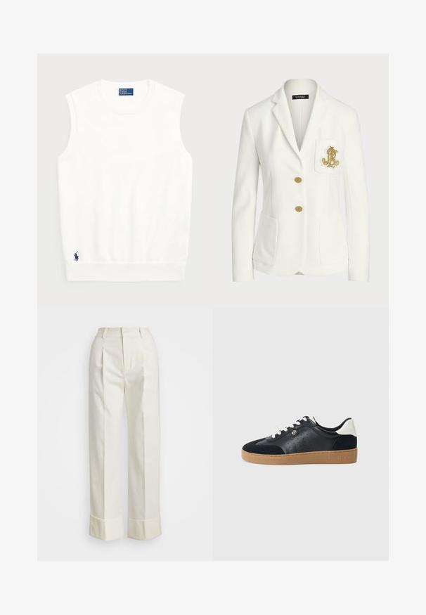 Valge bleiser, mis on valmistatud tekstuursedest kangast, omades õiget istuvust, kuldsete nööpide ja dekoratiivse kuldse tikitud logoga taskul.; Valge ilma varrukateta kootud sviiter, mis on valmistatud siledast puuvillast, ribitud äärtega ja väikese tumesinise logoga alumises vasakus nurgas. Lihtne disain, ilma mustriteta.; Valged kohandatud püksid, millel on kõrge talje, topeltesine voldid ja laiad sääred volditud äärtega. Valmistatud siledast, tekstureeritud kangast.; Must musta ja sametist tennisjalanõud helepruunist kummist tallaga. Omab valgeid paelu ja väikseid pooride aukusid külgedel. Michael Korsi logo on olemas.