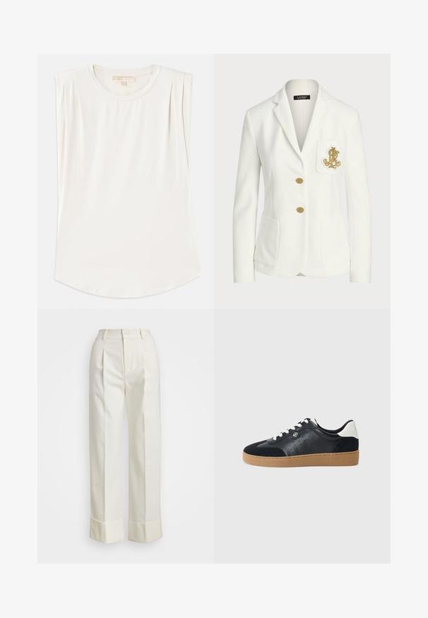 Blazer blanc en tissu texturé avec une coupe ajustée, doté de boutons dorés et d'un logo brodé doré décoratif sur la poche.; Top sans manches blanc en tissu lisse, avec un col rond et de légères plis aux épaules, et un ourlet incurvé.; Pantalons blancs ajustés au taille haute, avec de doubles plis devant et des jambes larges à ourlets repliés. Fabriqués en un tissu lisse et texturé.; Baskets en cuir noir et suède avec une semelle en caoutchouc brun clair. Dotées de lacets blancs et de petites perforations sur les côtés. Logo Michael Kors présent.