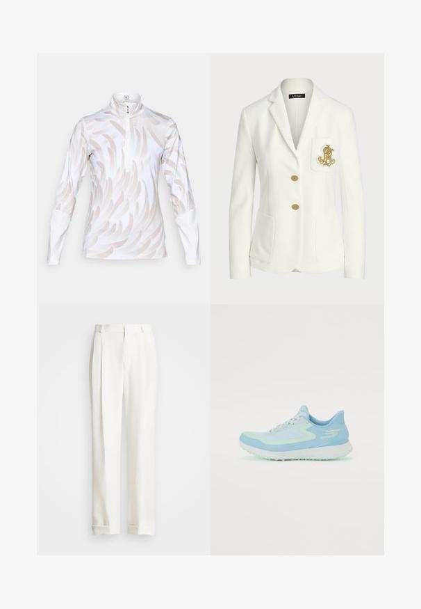 White blazer made of textured fabric with a tailored fit, featuring gold buttons and a decorative gold embroidered logo on the pocket.; Long-sleeve athletic top in white with light beige wave pattern, featuring a high collar and quarter-zip closure. Smooth, stretchy fabric.; White tailored trousers with two front pleats, straight cut, and folded hems. Made of smooth fabric, featuring a classic design.; Light blue athletic shoe with mesh upper, rounded toe, cushioned sole, and reflective accents. Features lacing and a supportive heel.