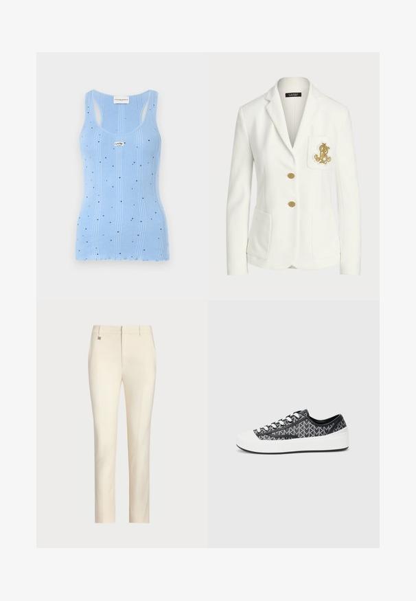 Balto žakete, kas izgatavota no teksturēta auduma ar pielāgotu piegriezumu, ir zeltainas pogas un dekoratīvs zelta izšūts logs uz kabatas.; Gaiši zils ribots topiņš ar maziem melniem punktiņiem, ar apaļu dekoltē un platām plecu lentēm. Uz dekoltē ir marķējums "CLAUDE."; Kremkrāsas piegrieztas bikses ar taisnu kāju griezumu, kas izceļas ar gludu tekstūru, priekšējām kabatām un smalku metalisku akcentu uz jostas.; Melni un pelēki rakstaini sporta apavi ar baltu gumijas purngali, ar saistīšanas dizainu un tekstūrētām melnām akcentēm malās.