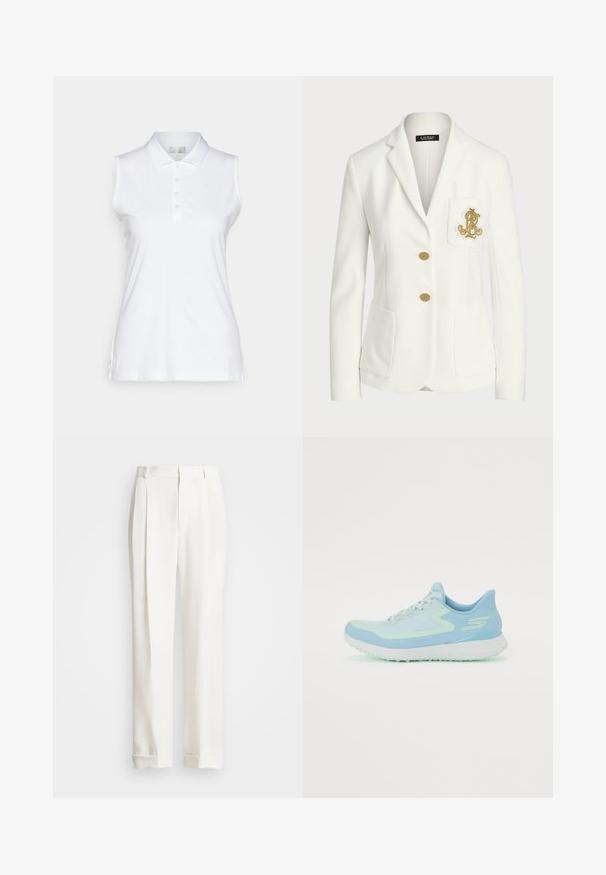 Balto žakete, kas izgatavota no teksturēta auduma ar pielāgotu piegriezumu, ir zeltainas pogas un dekoratīvs zelta izšūts logs uz kabatas.; Baltas bez piedurknēm polo krekls, izgatavots no gludas auduma, ar klasisku apkakli, piecu pogu slēgšanu un sānu šķirbēm ērtai kustībai.; Balties pielāgotie bikses ar divām priekšējām krokām, taisnu griezumu un salocītām apakšmalām. Izgatavotas no gludas auduma, ar klasisku dizainu.; Gaiši zila sporta apava ar sietiņa augšdaļu, apaļu purngalu, mīkstu zoli un atstarotājiem. Iespējas ar saistošām auklām un atbalstošu papēdi.