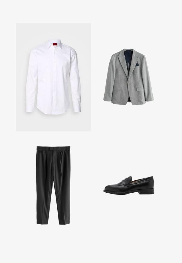 Hellgrauer Blazer aus strukturiertem Stoff, mit zwei Fronttaschen, einem marineblauen Innenfutter und einem Taschentuch in der Brusttasche.; Weißes Langarmhemd mit Fischgrätenmuster, Button-Down-Kragen und rotem Logoetikett am inneren Kragen. Standardpassform mit Knöpfen vorne.; Next REGULAR FIT -CHECK SMART - Chino - black; Schwarze Leder-Löcher mit genähtem Vorderteil und flachem Absatz. Glatte Textur mit runder Zehenform und einem dekorativen Riemen über dem Spann.