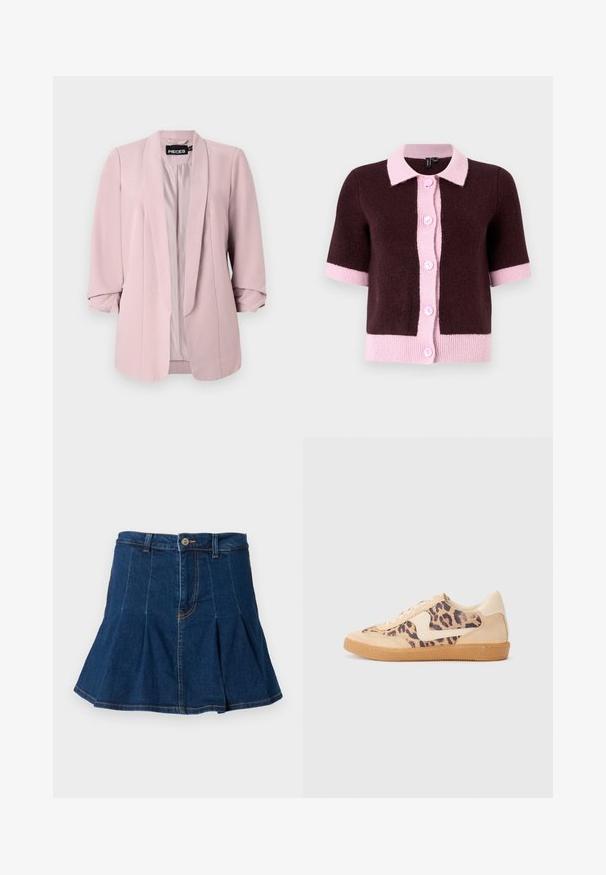 Svijetloružičasti sako od glatkog materijala, s rebrastim ovratnikom, okrenutim rukavima i prednjim šavovima. Unutrašnjost je podstavljena u odgovarajućoj boji.; Kratak cardigan s kratkim rukavima u tamnosmešnom pletenom materijalu, sa svetloružičastim okovratnikom i dugmadima, uz kontrastne ružičaste ivice i manžetne.; Crni top kratkih rukava s okruglim izrezom, s detaljem izreza i vezanjem sprijeda. Izrađen od mekog, laganog materijala.; Traper suknja u tamnoplavoj boji, s naboranim dizajnom, pet džepova, prednjim kopčanjem na dugme i kontrastnim šavovima.; Tenisice s uzorkom leoparda, bež nubuk gornjištem, smešnim gumenim đonom i bijelim detaljima. Okrugli vrh i dizajn s vezicama s teksturiranom završnom obradom.