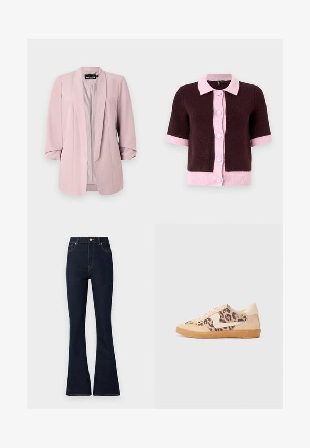 Blazer de color rosa claro, hecho de una tela suave, con cuello de chal, mangas enrolladas y pinzas frontales. El interior está forrado en un color a juego.; Cárdigan de manga corta en material de punto marrón oscuro, con un collar y una tapeta de botones en rosa claro, y con dobladillo y puños en un rosa contrastante.; Top corto negro de manga corta con escote redondo, que presenta un detalle de corte y cierre con lazo en la parte delantera. Hecho de tejido suave y ligero.; Jeans de mezclilla de tiro alto y perneras acampanadas en azul oscuro, con costuras doradas, bolsillos frontales y cierre de botón metálico.; Zapatillas de leopardo con parte superior de ante beige, suela de goma marrón y acentos blancos. Punta redonda y diseño con cordones con un acabado texturado.