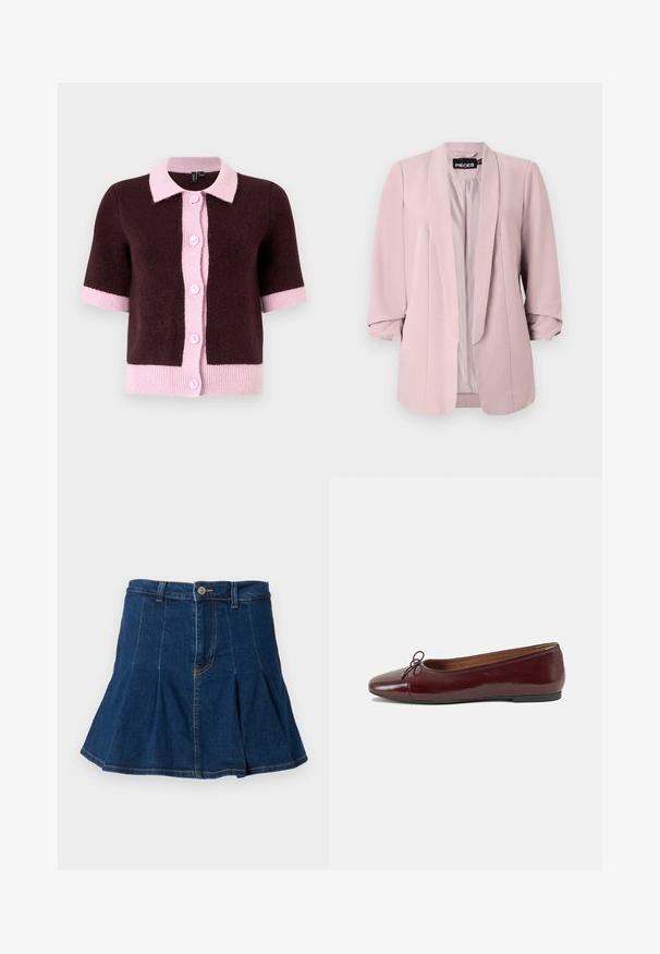 Hele roosa bleiser, mis on valmistatud siledast kangast, millel on šaalikaelus, keeratud varrukad ja ees olevad õmblused. Sees on vooder sobivas värvitoonis.; Lühikeste varrukatega kardigan tumesaharas kudumismaterjalist, millel on helesinine krae ja nööpide rida, kontrastsetest roosadest lainetest ja varrastest.; Musthave musta lühikeste varrukatega top, millel on ümmargune kaelus, lõikega detail ja seotud esitasku. Valmistatud pehmest ja kergest kangast.; Tume sinine teksaseelik, millel on voltimise disain, viis taskut, ees nööp sulgemine ja kontrastse õmblusega detailid.; Burgundi patendnahk kingad balletitüüpi, ümmarguse ninaosa, ees väike paelaaktsent ja madal must kummist tald. Sile tekstuur.