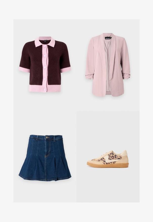 Hele roosa bleiser, mis on valmistatud siledast kangast, millel on šaalikaelus, keeratud varrukad ja ees olevad õmblused. Sees on vooder sobivas värvitoonis.; Lühikeste varrukatega kardigan tumesaharas kudumismaterjalist, millel on helesinine krae ja nööpide rida, kontrastsetest roosadest lainetest ja varrastest.; Musthave musta lühikeste varrukatega top, millel on ümmargune kaelus, lõikega detail ja seotud esitasku. Valmistatud pehmest ja kergest kangast.; Tume sinine teksaseelik, millel on voltimise disain, viis taskut, ees nööp sulgemine ja kontrastse õmblusega detailid.; Leopardi mustriga tossud, millel on beež sueded ülemine osa, pruuni kummist põhi ja valged aktsendid. Ümar nina ja lipsukujundus, millel on tekstureeritud viimistlus.