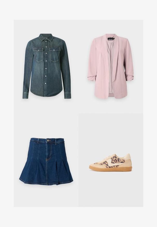 Svetloružový blejzer vyrobený z hladkej tkaniny, s šálovým golierom, ohrnutými rukávmi a prednými záhybmi. Interiér je podšitý v zodpovedajúcej farbe.; Dlhý rukáv denimová košeľa v tmavomodrej farbe, s špicatým golierom, dvoma náprsnými vreckami a gombíkovým zapínaním na prednej strane.; Džínová sukňa v tmavomodrej farbe, s plisovaným dizajnom, piatimi vreckami, predným zapínaním na gombík a kontrastnými švami.; Tenisky s leopardím vzorom, s béžovým semišovým zvrškom, svetlohnedou gumovou podrážkou a bielymi akcentmi. Okrúhla špička a šnurovací dizajn s textúrovaným povrchom.