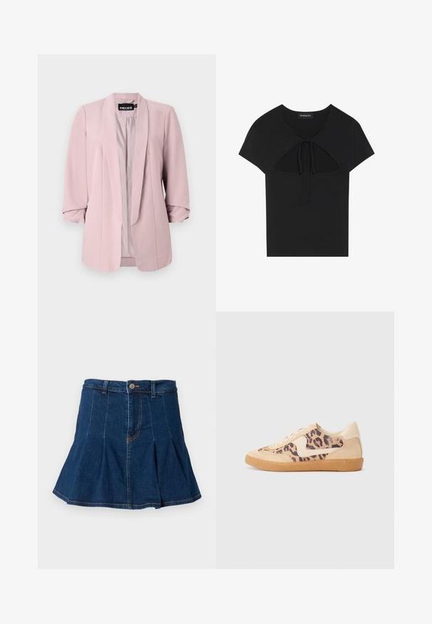 Blazer roz deschis, realizat dintr-un material fin, cu guler tip șal, mâneci rulou și cusături frontale. Interiorul este căptușit într-o nuanță corespunzătoare.; Top negru cu mâneci scurte și decolteu rotund, prezentând un detaliu decupat și închidere cu fundiță în față. Confeționat dintr-un material moale și ușor.; Fustă din denim de culoare albastru închis, cu un design pliat, cinci buzunare, închidere frontală cu nasture și detalii de cusătură contrastante.; Tenisi cu imprimeu de leopard, cu partea superioară din suede bej, talpă din cauciuc maro și accente albe. Vârf rotund și design cu șireturi, cu un finisaj texturat.