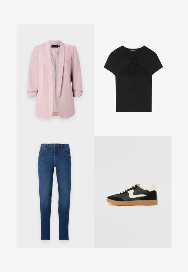 Šviesiai rožinė švarkas, pagamintas iš lygios medžiagos, su šalikiniu apykakle, sukritais rankovėmis ir priekiniais siūlėmis. Vidus pamuštas suderinta spalva.; Juodas trumpas rankovės viršus su apvaliu kaklu, su išpjovomis ir užrišimu priekyje. Pagamintas iš minkštos, lengvos medžiagos.; Tamsiai mėlyni džinsai su siauru kirpimu, turintys penkias kišenes, diržo kilpas ir užtrauktuko uždarymą su mygtuku. Lygus paviršius.; Juodos zomšo ir odos sportinės bateliai su kreminiu šoniniu swoosh ir šviesiai kreminiu kulnu. Ypatybės - smėlio spalvos raišteliai ir guminis padas.