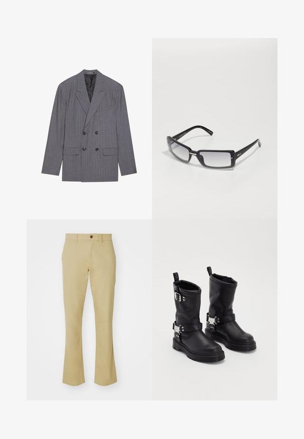 Pilkas dryžuotas dvigubas švarkas su iškiliais atlapais, juodais mygtukais ir dviem priekinių kišenėmis. Lygus tekstūra su pritaikyta siluetu.; Balta ilgomis rankovėmis mygtukų marškiniai, pagaminti iš medvilnės, su klasikine apykakle ir mažu mėlynu logotipu kairėje krūtinės pusėje.; Smėliniai platėjantys kelnių pagaminti iš medvilnės ir sintetinio pluošto mišinio su lygia tekstūra, turintys priekyje mygtuką juosmens srityje ir kišenes.; Juodos odinės aulinės botai su tvirtu padu, turintys šoninės sagties dirželį ir dekoratyvinius elementus. Lygus paviršius su patogiu užtrauktuku.; Juodų stačiakampių saulės akinių su gradientiniu lęšiu, turinčių storą rėmelį ir metalinius akcentus ant kojelių. Visoje apieje glotni tekstūra.