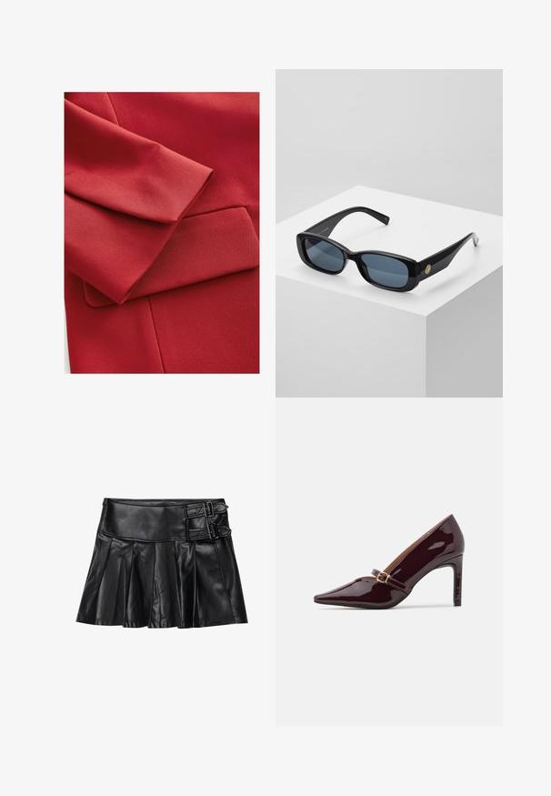 Raudonas audinys su tekstūru, sulenkta rankove ir maža kišenės detalė. Matomos švarios linijos ir modernūs dizaino elementai.; Juoda vartinė megztinis, pagamintas iš minkštos mezgamos medžiagos, su ilgomis rankovėmis ir laisvu siluetu. Lygus paviršius, be jokių matomų raštų ar akcentų.; Juodas odinis sijonas su kiekiais, platus liemuo ir dvi sagties detalės šone. Lygi tekstūra su blizgiu paviršiumi.; Patentinės bordo spalvos aukštakulniai batai su smailiu priekiniu galu, kulkšnies dirželiu su auksinėmis detalėmis ir blizgiu, poliruotu paviršiumi. Aukštas stiletto kulnas.; Juodos stačiakampės saulės akinios su tonuotais mėlynais objektyvais, storais rėmeliais ir auksiniu apvaliu akcentu šone. Glotni, blizganti apdaila.; Bordo rankinė, pagaminta iš sintetinių medžiagų, su struktūrizuotu dizainu, turinti nuimamą dirželį ir gėlių raštą turinčią skarą, pririštą prie rankenos.