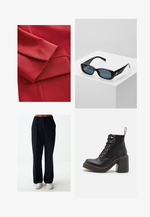 Rode stof met een gestructureerd oppervlak, voorzien van een omgevouwen mouw en een klein pocketdetail. Schone lijnen en moderne designelementen zijn zichtbaar.; Zwarte coltrui van zacht breiwerk, met lange mouwen en een relaxte pasvorm. Gladde textuur zonder zichtbare patronen of accenten.; Marine broek met wijde pijpen, gemaakt van soepel stof. Kenmerken zijn een hoge tailleband, plooien aan de voorkant en een relaxte pasvorm. Gecombineerd met witte sneakers.; Zwarte leren enkelboot met een dikke hoge hak, vetersluiting aan de voorkant, metalen oogjes en gele stiksels langs de zool. Getextureerde rubberen zool.; Zwarte rechthoekige zonnebril met getinte blauwe lenzen, dikke monturen en een gouden circulaire accent aan de zijkant. Slanke, glanzende afwerking.; Bordeaux handtas van synthetisch materiaal met een gestructureerd ontwerp, voorzien van een afneembare schouderband en een met bloemenpatroon versierde sjaal die aan het handvat is geknoopt.