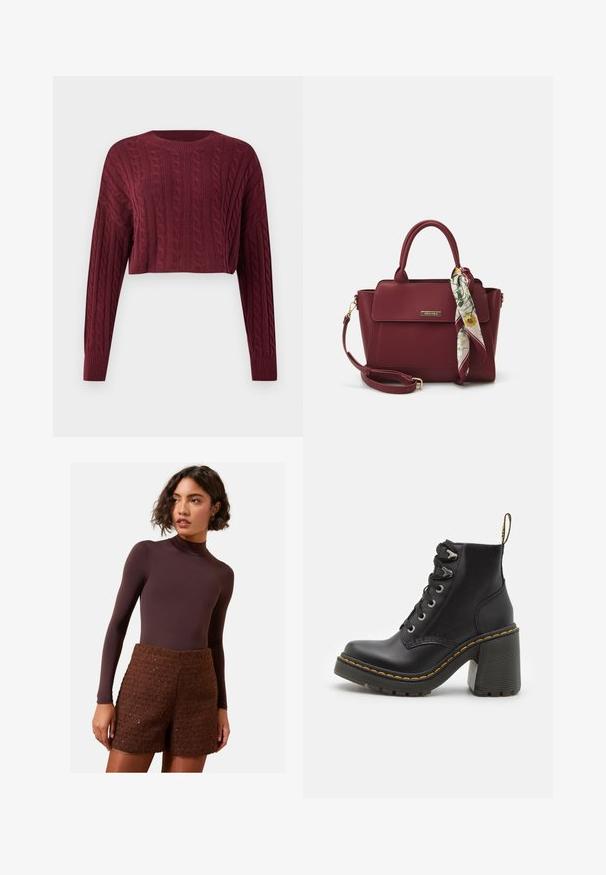 Roter Stoff mit einer strukturierten Oberfläche, einem gefalteten Ärmel und einem kleinen Taschendetail. Saubere Linien und moderne Designelemente sind sichtbar.; Burgunderfarbener, kurz geschnittener Pullover mit Zopfmuster, langen Ärmeln und geripptem Halsausschnitt sowie Bündchen, der einen strukturierten Stoff zeigt.; Brauner Langarm-Body kombiniert mit strukturierten braunen Strickshorts. Der Body hat einen hohen Kragen, während die Shorts ein strukturiertes Design aufweisen.; Schwarze Lederstiefelette mit einem klobigen hohen Absatz, Schnürung vorne, metallischen Ösen und gelben Nähten entlang der Sohle. Strukturierten Gummiaußensohle.; Burgunderfarbene Handtasche aus synthetischem Material mit strukturiertem Design, ausgestattet mit einem abnehmbaren Trageriemen und einem blumenmusternden Schal, der am Griff gebunden ist.